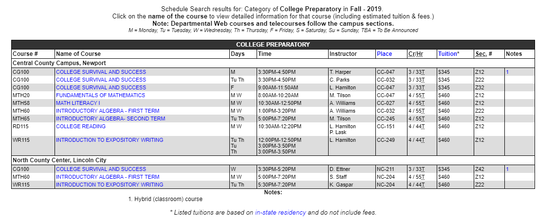 Example Course catalog entry showing College Preparatory classes