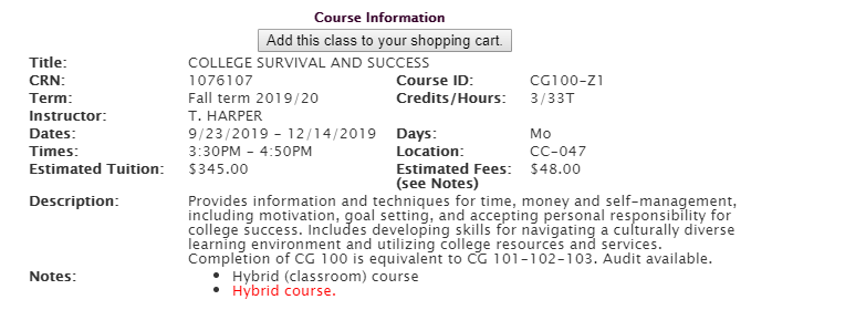 Course catalog detail for CG 100