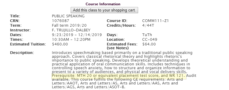 Course schedule detail entry for COMM 111